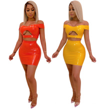 C3853 women new products 2020 bodycon off shoulder sexy hollow crop tops Christmas women two piece skirt sets party dress